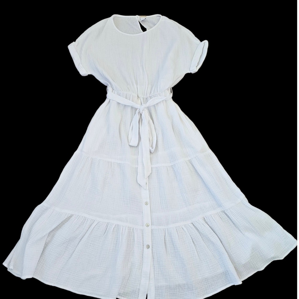 Magaschoni White Tiered Maxi Dress with Tie Waist
